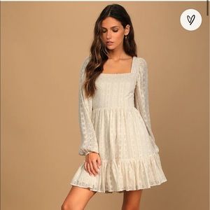 Lulus Only You and I Cream Long Sleeve Tie-Back Mini Skater Dress